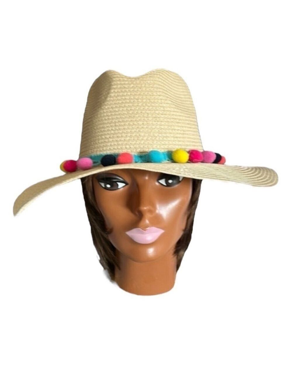 Magid Hats Women’s Paper Straw Sun Hat Beige with Colorful Rainbow Pom Poms